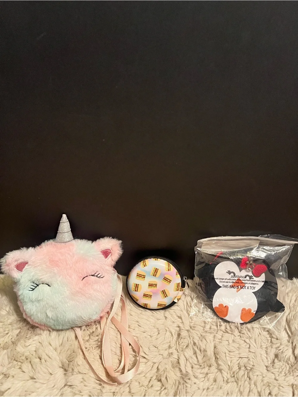 Three piece Plush Unicorn Crossbody Bag, 2 coin purses kids